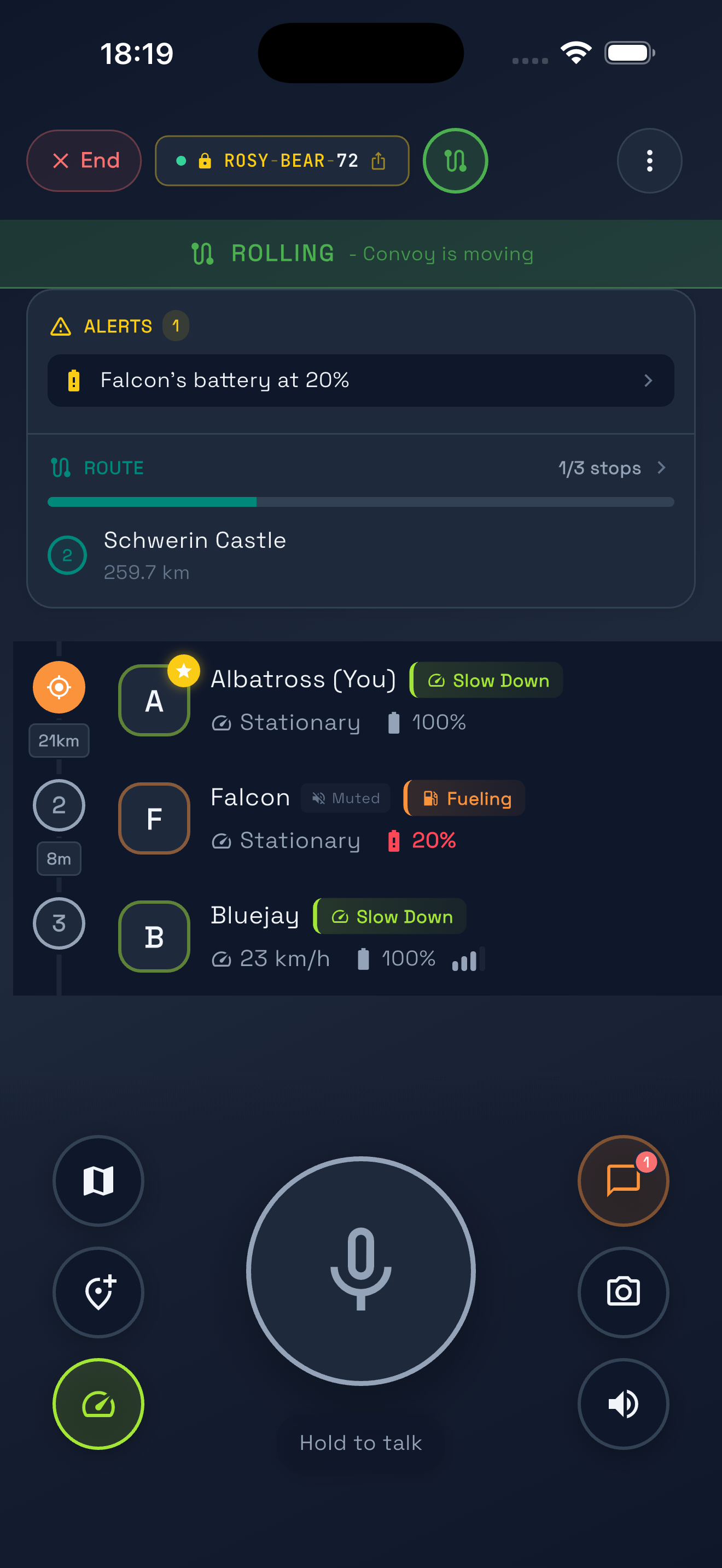 Convoy Status - Battery, speed, and alerts
